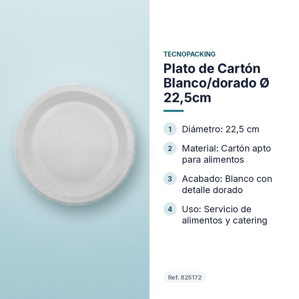 PLATO DE CARTÓN BLANCO/DORADO Ø 22,5CM - características principales
