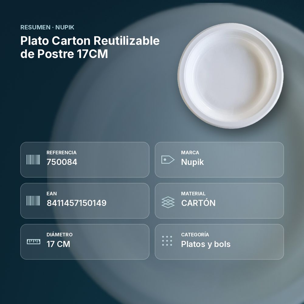 PLATO CARTON REUTILIZABLE DE POSTRE 17CM - resumen de atributos