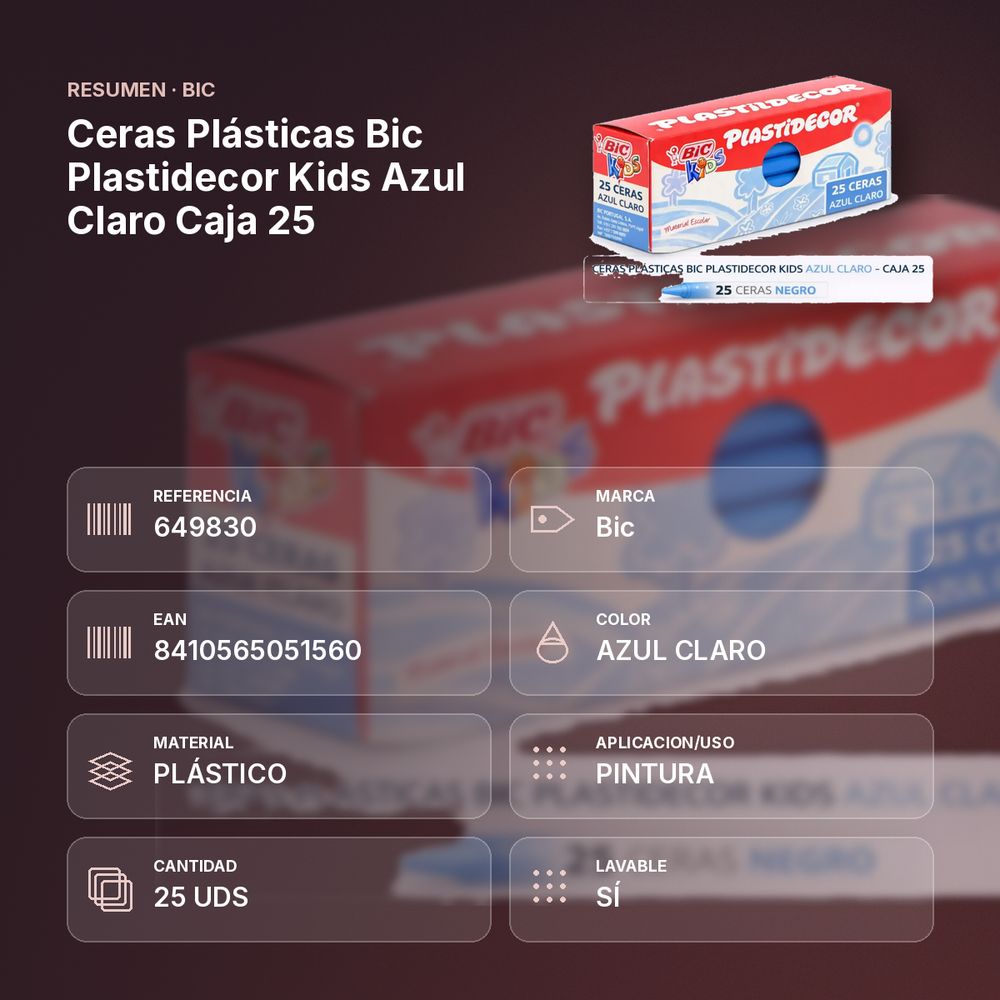 CERAS PLÁSTICAS BIC PLASTIDECOR KIDS AZUL CLARO CAJA 25 - resumen de atributos