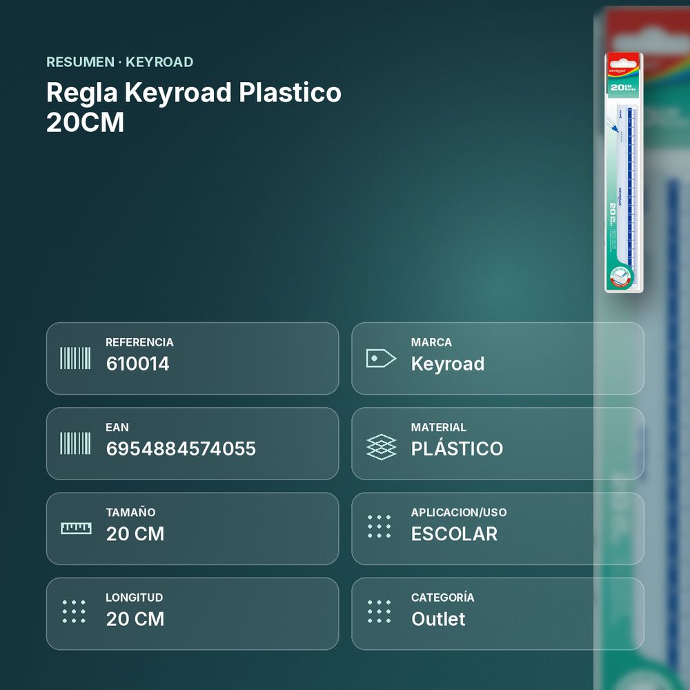 REGLA KEYROAD PLASTICO 20CM - resumen de atributos