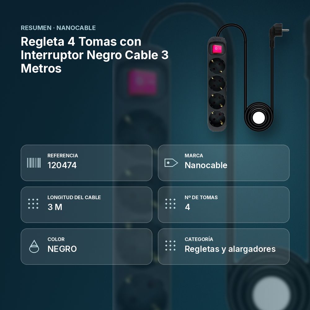 REGLETA 4 TOMAS CON INTERRUPTOR NEGRO CABLE 3 METROS - resumen de atributos
