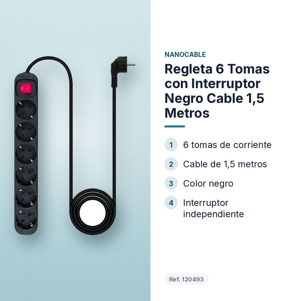 REGLETA 6 TOMAS CON INTERRUPTOR NEGRO CABLE 1,5 METROS  - características principales