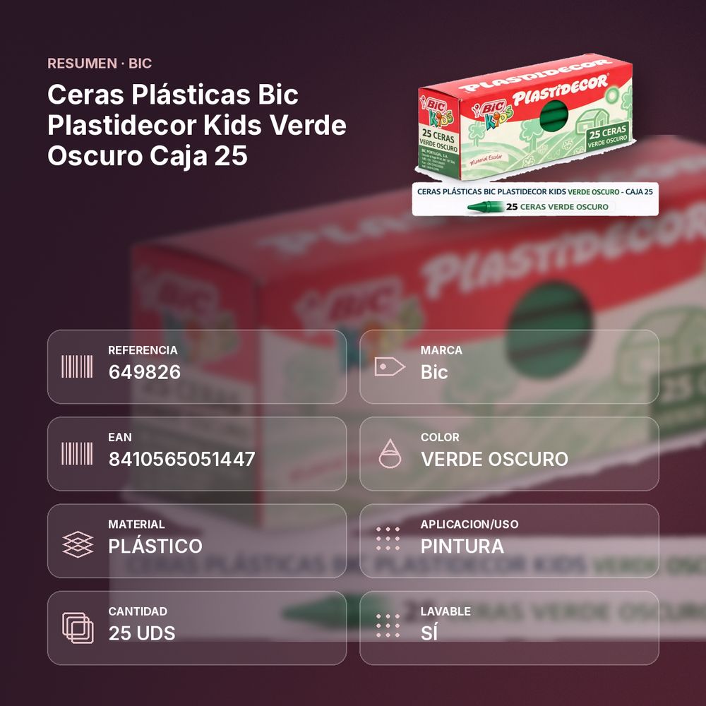 CERAS PLÁSTICAS BIC PLASTIDECOR KIDS VERDE OSCURO CAJA 25 - resumen de atributos