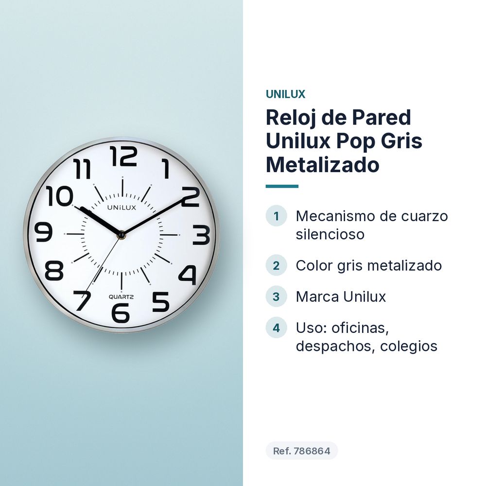 RELOJ DE PARED UNILUX POP GRIS METALIZADO - características principales