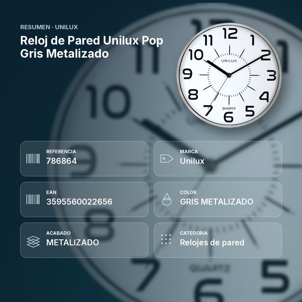 RELOJ DE PARED UNILUX POP GRIS METALIZADO - resumen de atributos