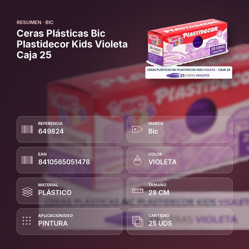 CERAS PLÁSTICAS BIC PLASTIDECOR KIDS VIOLETA CAJA 25 - resumen de atributos