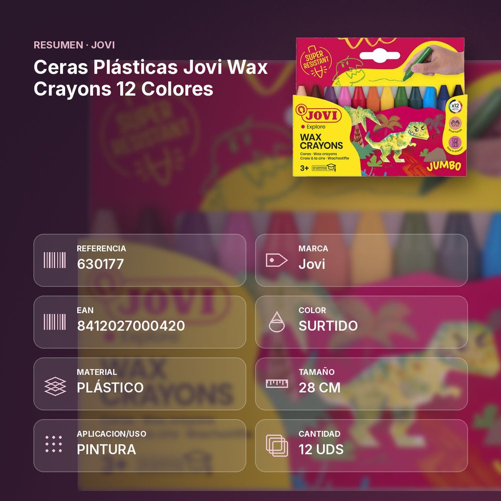 CERAS PLÁSTICAS JOVI WAX CRAYONS 12 COLORES  - resumen de atributos