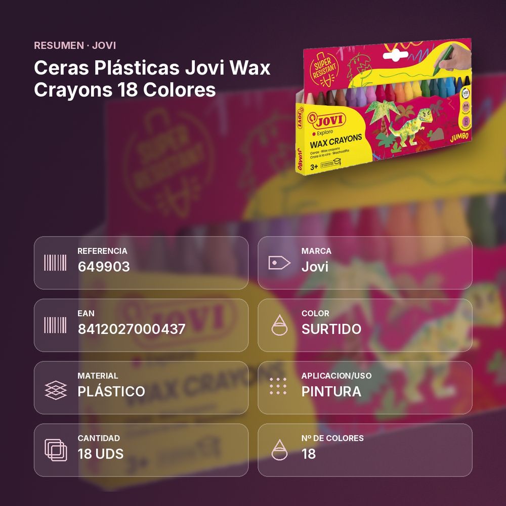 CERAS PLÁSTICAS JOVI WAX CRAYONS 18 COLORES  - resumen de atributos