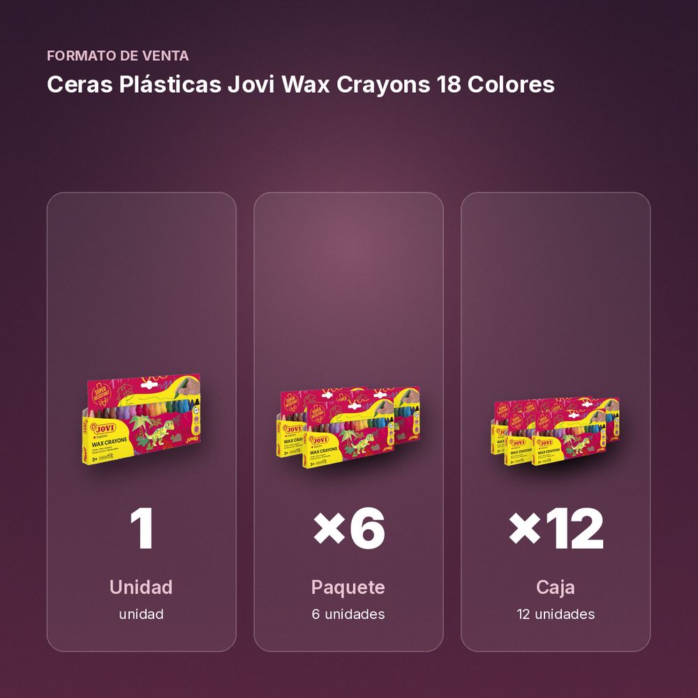 CERAS PLÁSTICAS JOVI WAX CRAYONS 18 COLORES  - formato de venta: paquete de 6, caja de 12