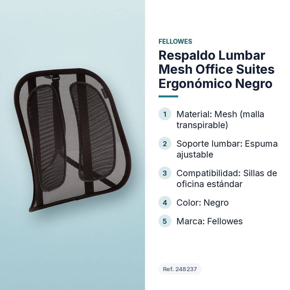 RESPALDO LUMBAR MESH OFFICE SUITES ERGONÓMICO NEGRO - características principales