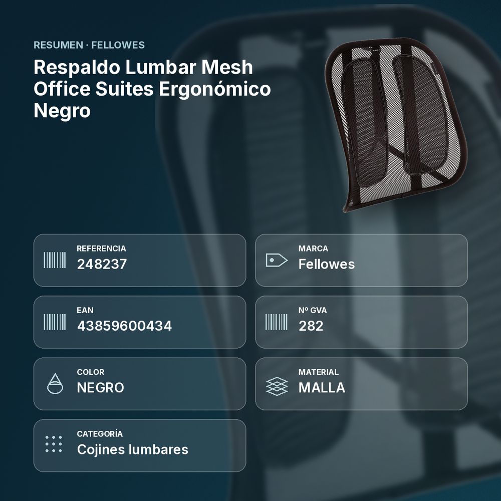 RESPALDO LUMBAR MESH OFFICE SUITES ERGONÓMICO NEGRO - resumen de atributos