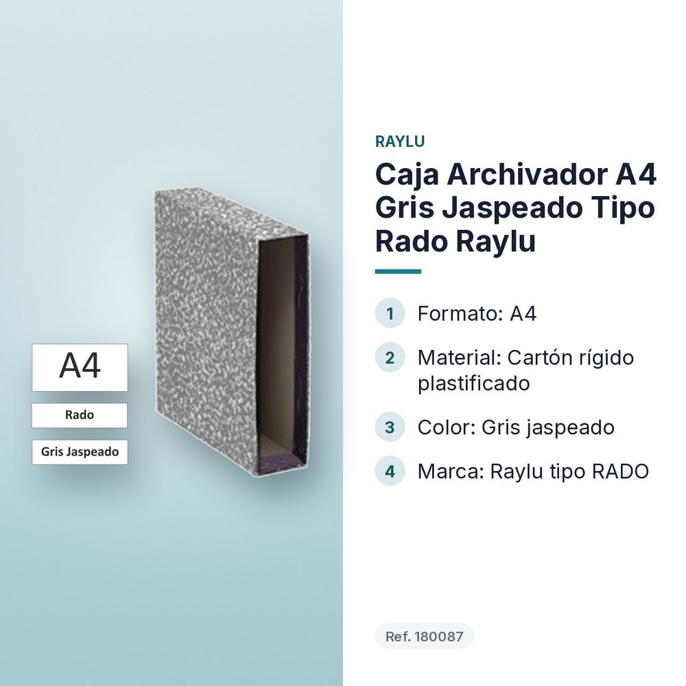 CAJA ARCHIVADOR A4 GRIS JASPEADO TIPO RADO RAYLU - características principales