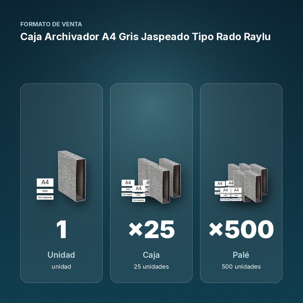 CAJA ARCHIVADOR A4 GRIS JASPEADO TIPO RADO RAYLU - formato de venta: caja de 25, palé de 500