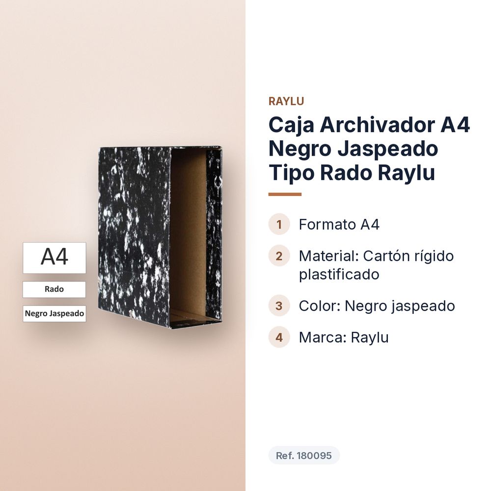 CAJA ARCHIVADOR A4 NEGRO JASPEADO TIPO RADO RAYLU - características principales