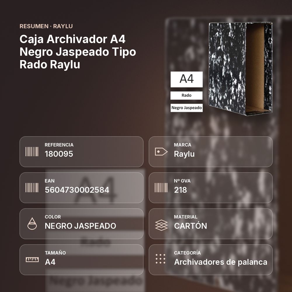 CAJA ARCHIVADOR A4 NEGRO JASPEADO TIPO RADO RAYLU - resumen de atributos