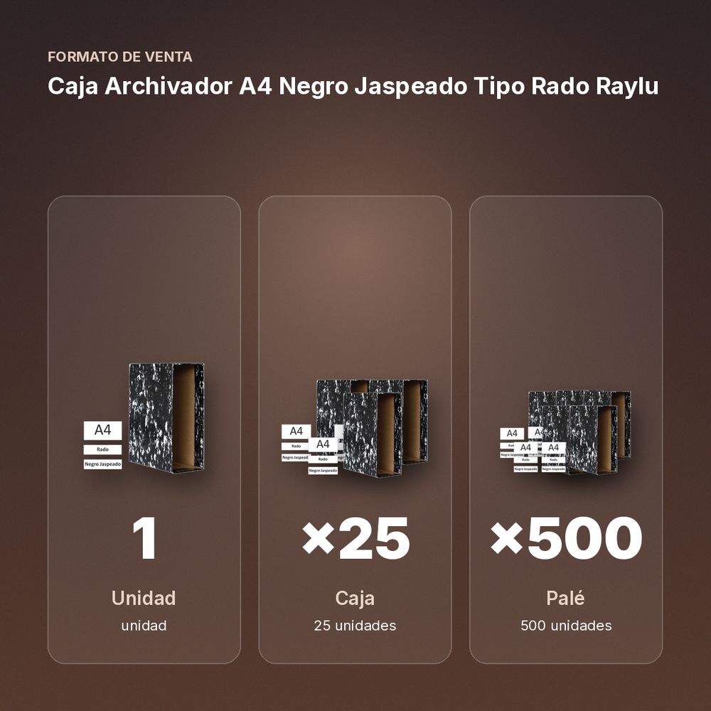 CAJA ARCHIVADOR A4 NEGRO JASPEADO TIPO RADO RAYLU - formato de venta: caja de 25, palé de 500