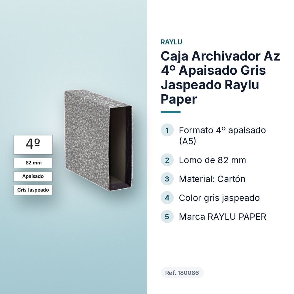 CAJA ARCHIVADOR AZ 4º APAISADO GRIS JASPEADO RAYLU PAPER  - características principales