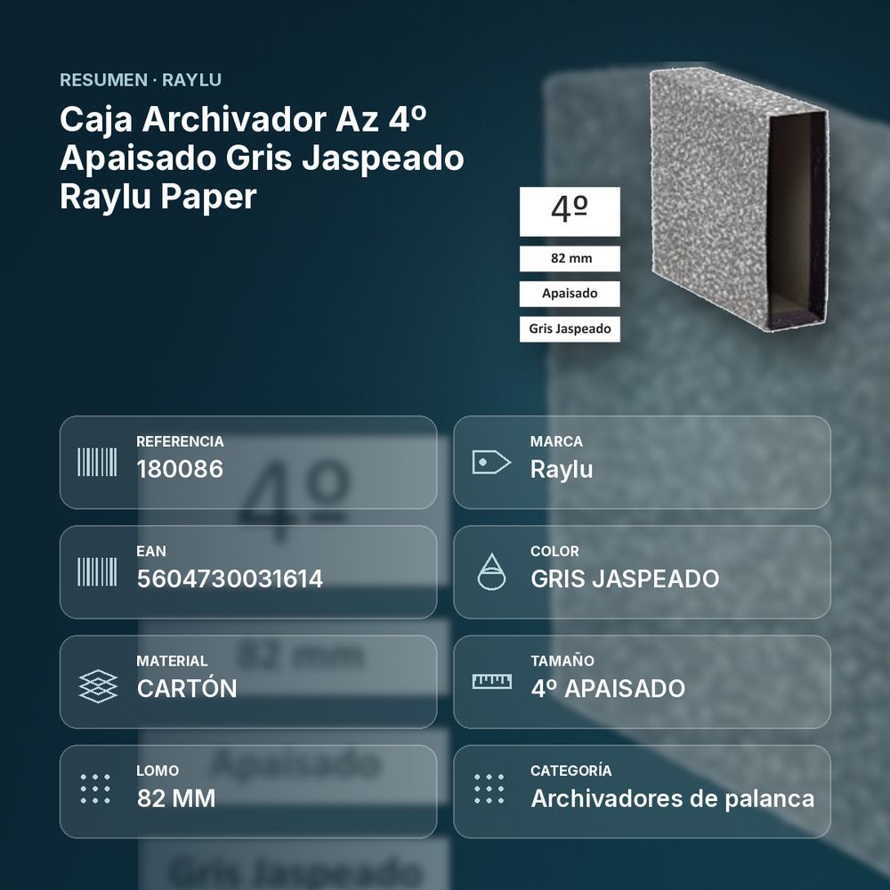 CAJA ARCHIVADOR AZ 4º APAISADO GRIS JASPEADO RAYLU PAPER  - resumen de atributos