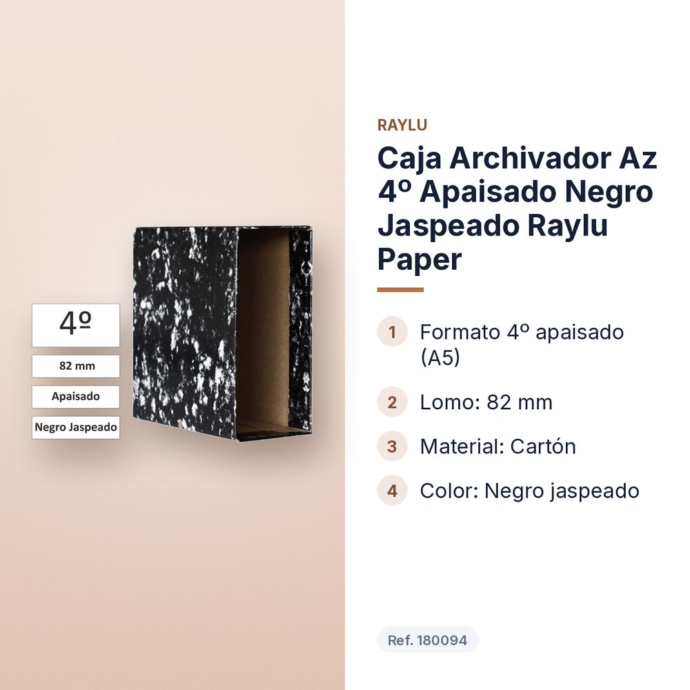 CAJA ARCHIVADOR AZ 4º APAISADO NEGRO JASPEADO RAYLU PAPER  - características principales