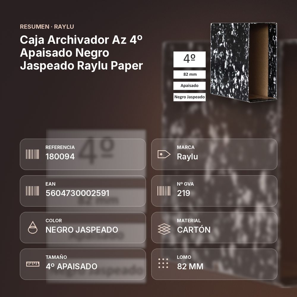 CAJA ARCHIVADOR AZ 4º APAISADO NEGRO JASPEADO RAYLU PAPER  - resumen de atributos