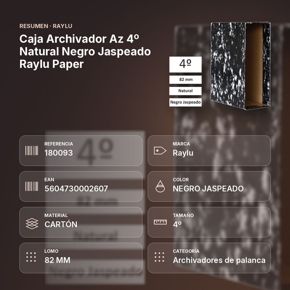 CAJA ARCHIVADOR AZ 4º NATURAL NEGRO JASPEADO RAYLU PAPER - resumen de atributos