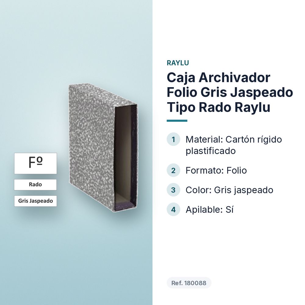 CAJA ARCHIVADOR FOLIO GRIS JASPEADO TIPO RADO RAYLU - características principales