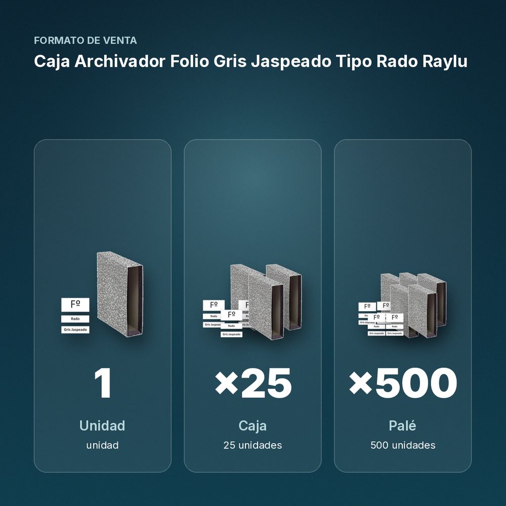 CAJA ARCHIVADOR FOLIO GRIS JASPEADO TIPO RADO RAYLU - formato de venta: caja de 25, palé de 500