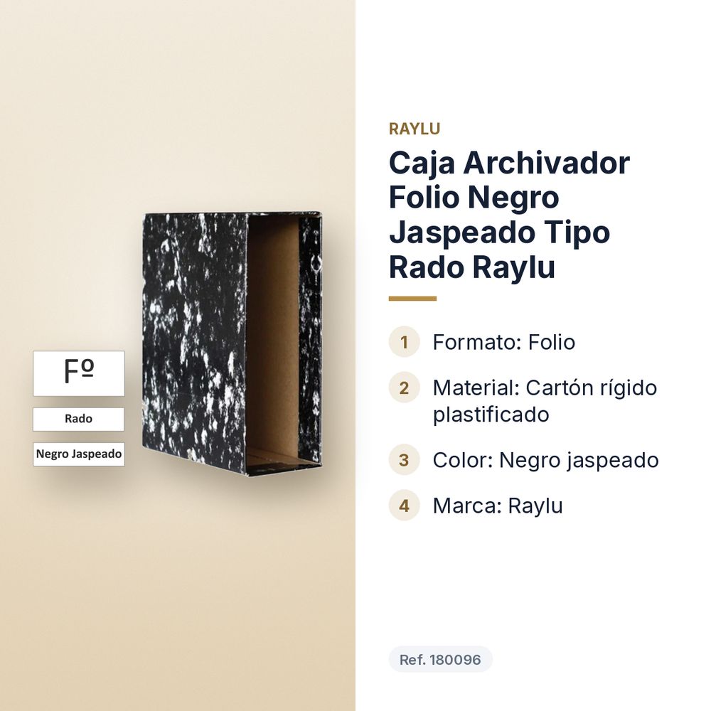 CAJA ARCHIVADOR FOLIO NEGRO JASPEADO TIPO RADO RAYLU - características principales