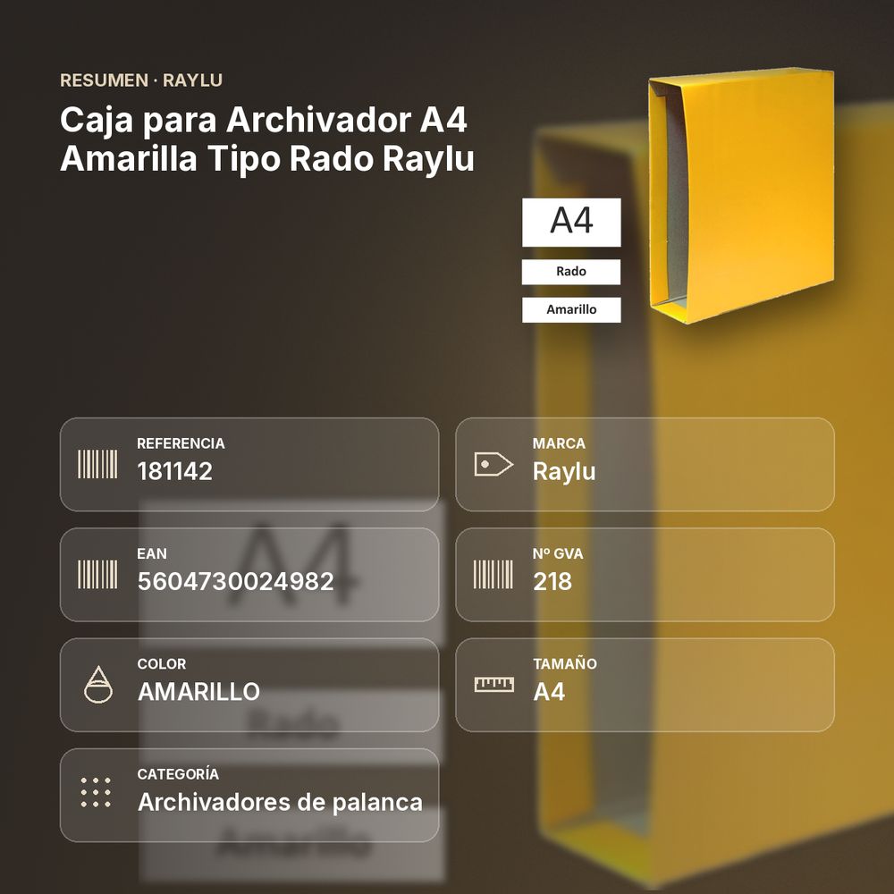 CAJA PARA ARCHIVADOR A4 AMARILLA TIPO RADO RAYLU - resumen de atributos
