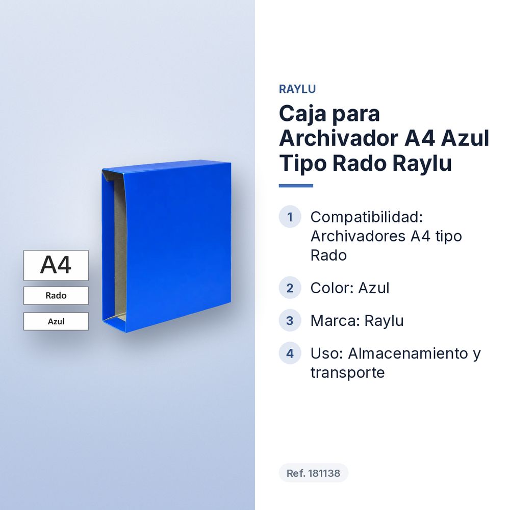 CAJA PARA ARCHIVADOR A4 AZUL TIPO RADO RAYLU - características principales
