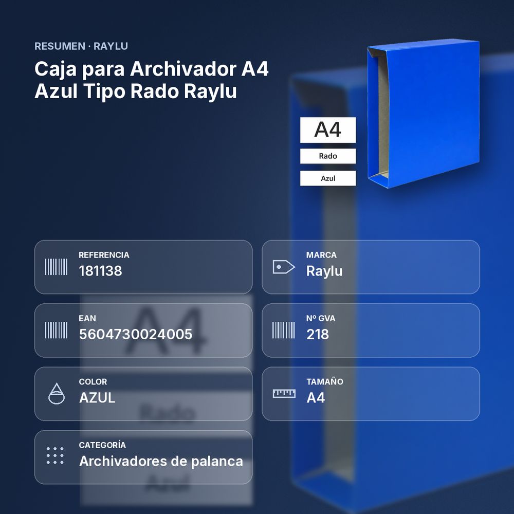 CAJA PARA ARCHIVADOR A4 AZUL TIPO RADO RAYLU - resumen de atributos
