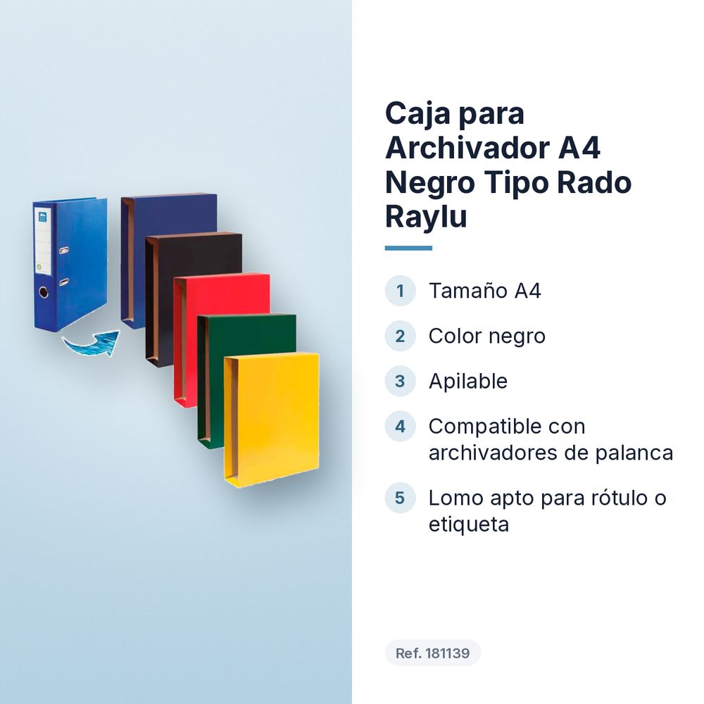 CAJA PARA ARCHIVADOR A4 NEGRO TIPO RADO RAYLU - características principales