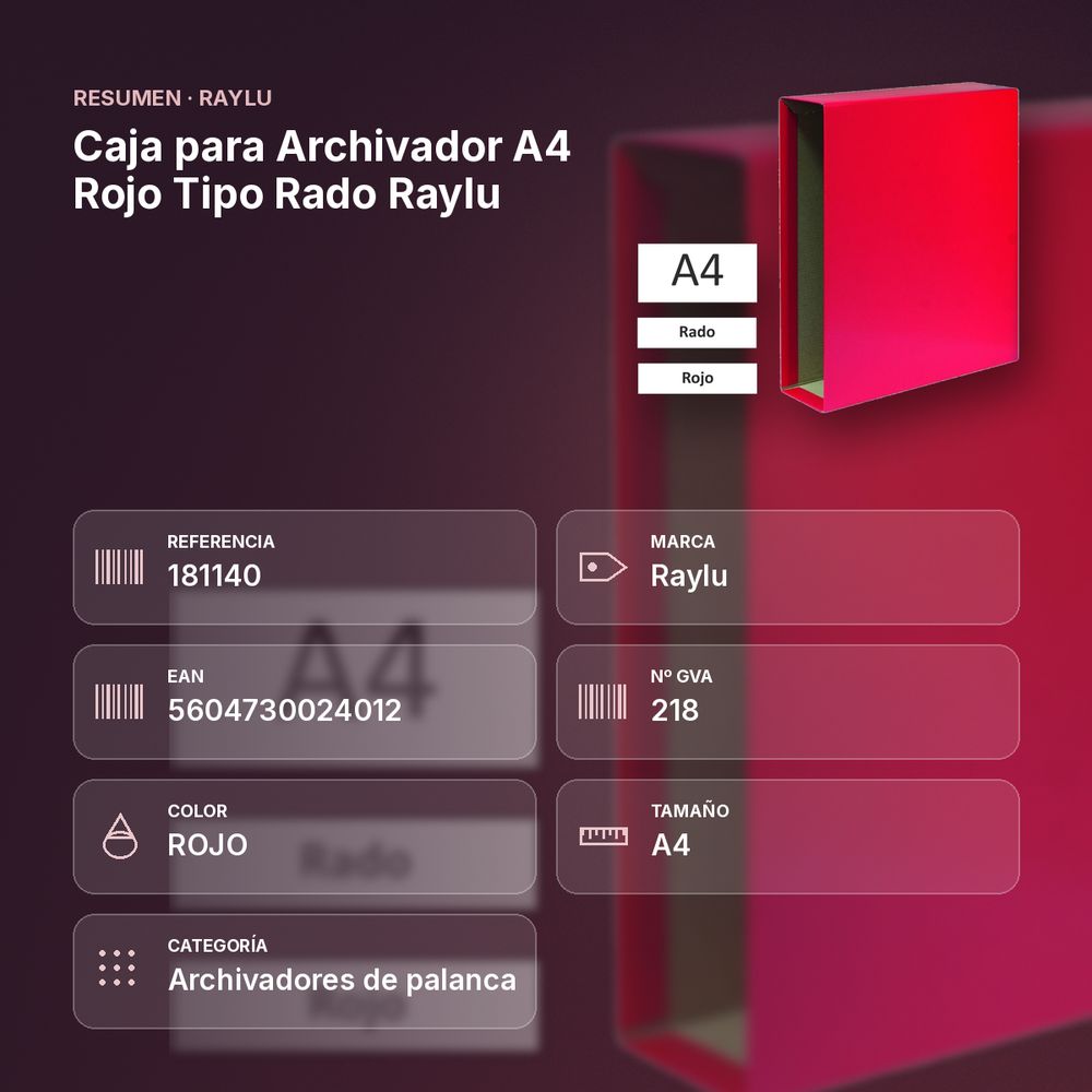 CAJA PARA ARCHIVADOR A4 ROJO TIPO RADO RAYLU - resumen de atributos