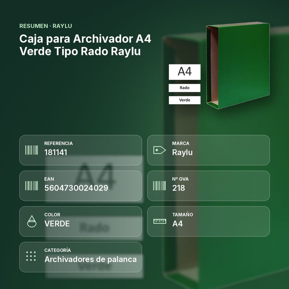 CAJA PARA ARCHIVADOR A4 VERDE TIPO RADO RAYLU - resumen de atributos