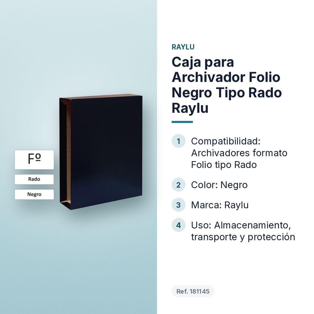 CAJA PARA ARCHIVADOR FOLIO NEGRO TIPO RADO RAYLU - características principales