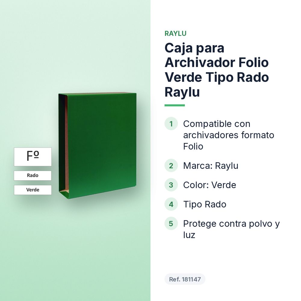 CAJA PARA ARCHIVADOR FOLIO VERDE TIPO RADO RAYLU - características principales