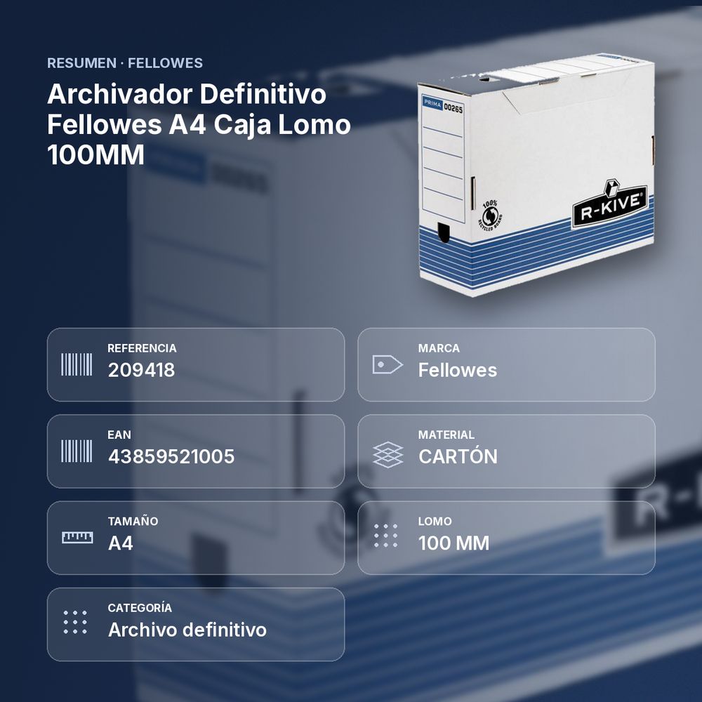 ARCHIVADOR DEFINITIVO FELLOWES A4 CAJA LOMO 100MM - resumen de atributos
