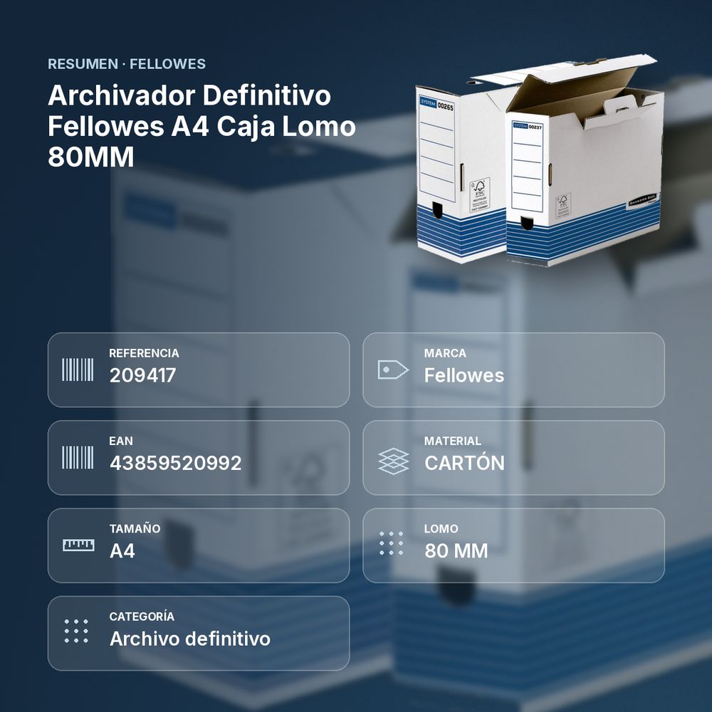 ARCHIVADOR DEFINITIVO FELLOWES A4 CAJA LOMO 80MM - resumen de atributos