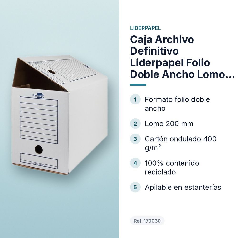 CAJA ARCHIVO DEFINITIVO LIDERPAPEL FOLIO DOBLE ANCHO LOMO 200 MM BLANCA - características principales
