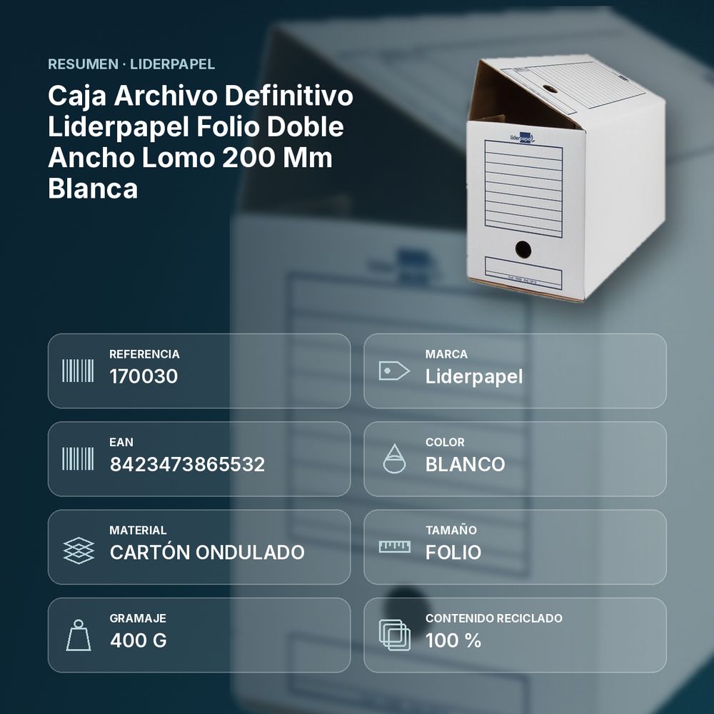CAJA ARCHIVO DEFINITIVO LIDERPAPEL FOLIO DOBLE ANCHO LOMO 200 MM BLANCA - resumen de atributos