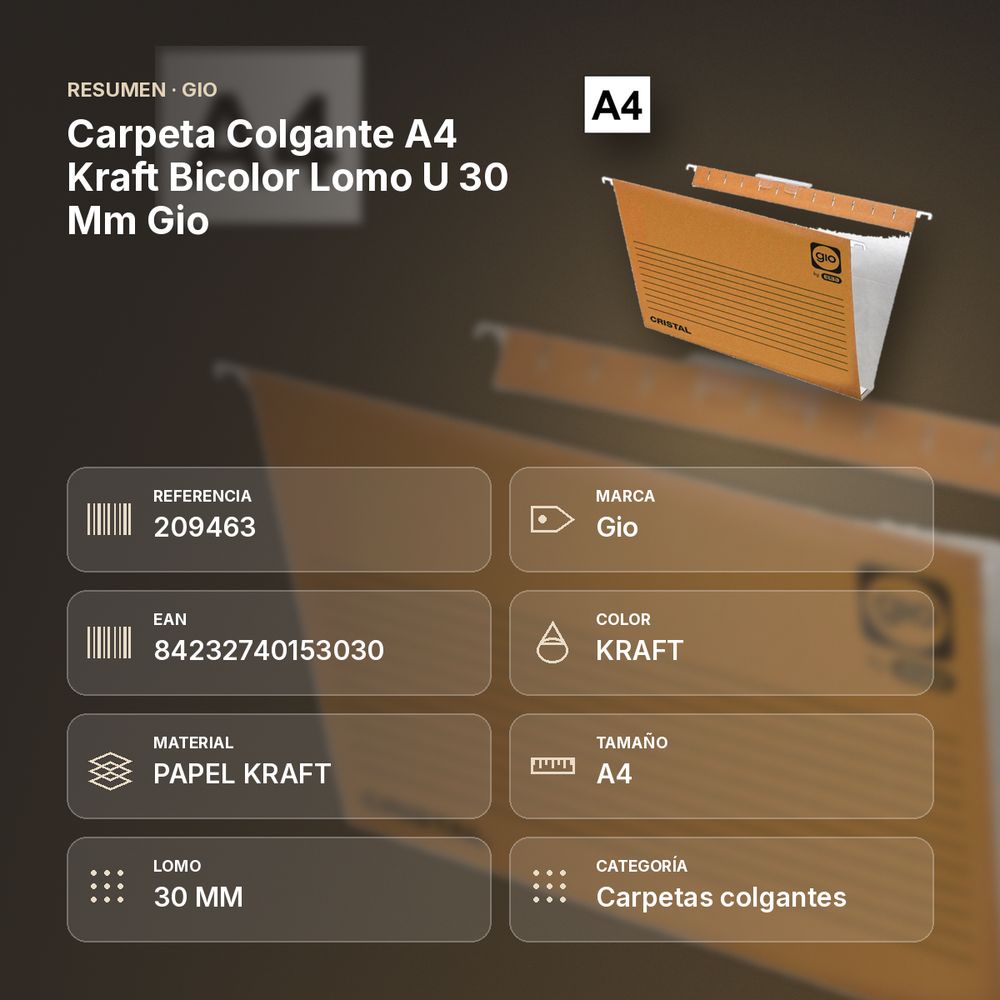 CARPETA COLGANTE A4 KRAFT BICOLOR LOMO U 30 MM GIO - resumen de atributos