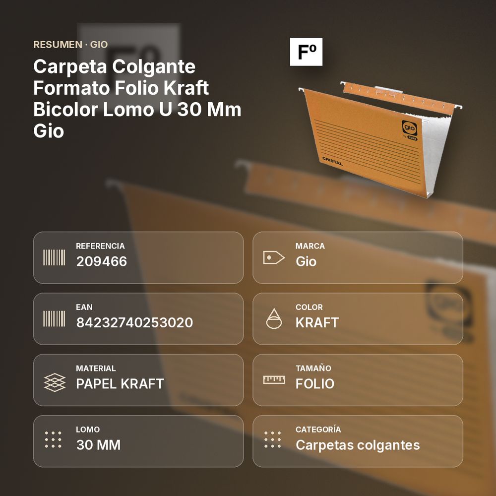 CARPETA COLGANTE FORMATO FOLIO KRAFT BICOLOR LOMO U 30 MM GIO - resumen de atributos