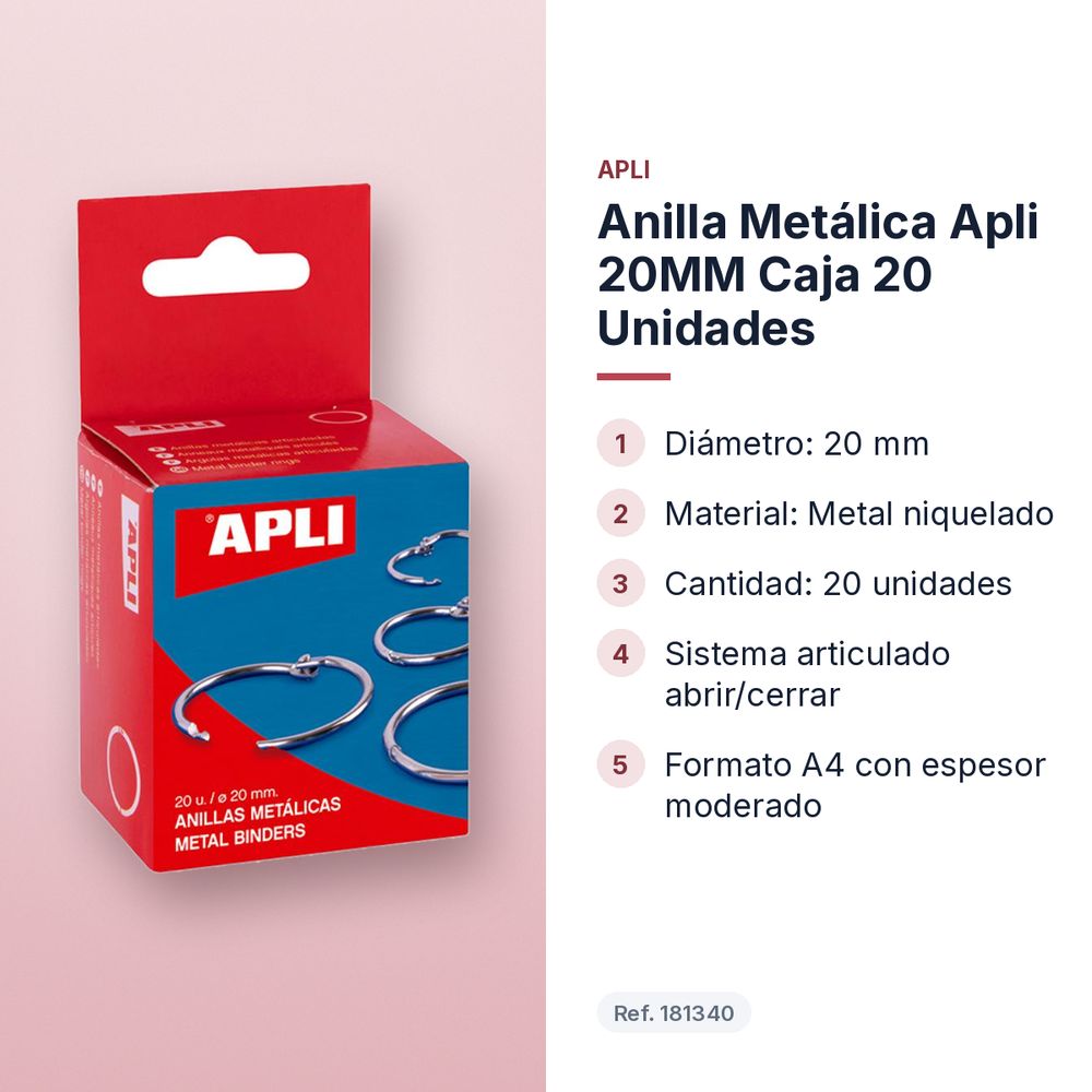 ANILLA METÁLICA APLI 20MM CAJA 20 UNIDADES - características principales