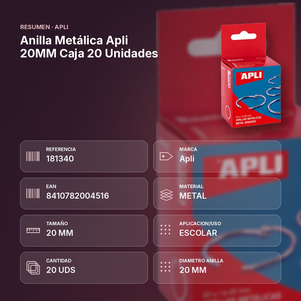 ANILLA METÁLICA APLI 20MM CAJA 20 UNIDADES - resumen de atributos