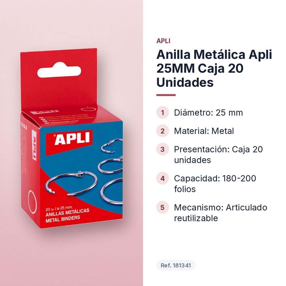 ANILLA METÁLICA APLI 25MM CAJA 20 UNIDADES - características principales