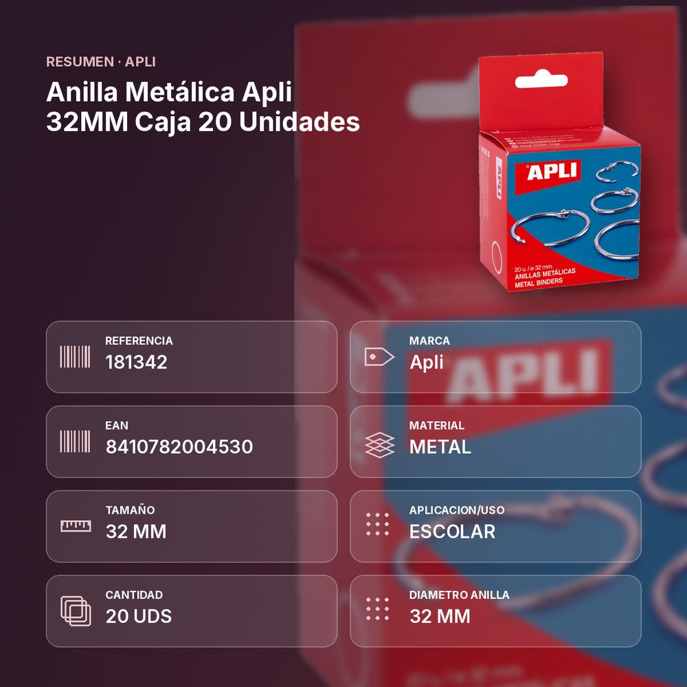 ANILLA METÁLICA APLI 32MM CAJA 20 UNIDADES - resumen de atributos