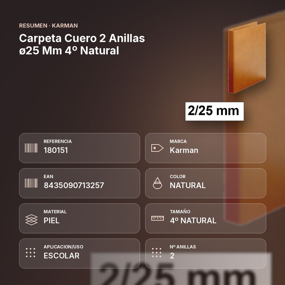 CARPETA CUERO 2 ANILLAS Ø25 MM 4º NATURAL - resumen de atributos