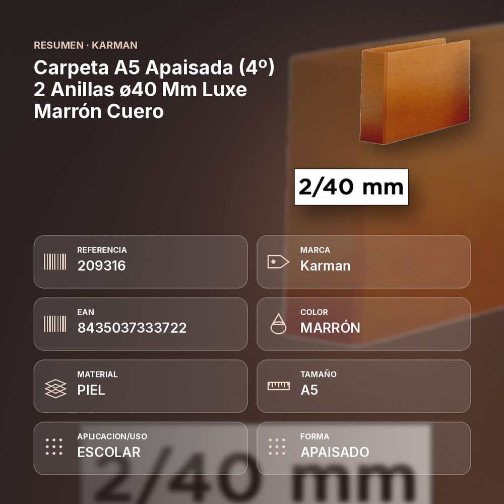 CARPETA A5 APAISADA (4º) 2 ANILLAS Ø40 MM LUXE MARRÓN CUERO - resumen de atributos