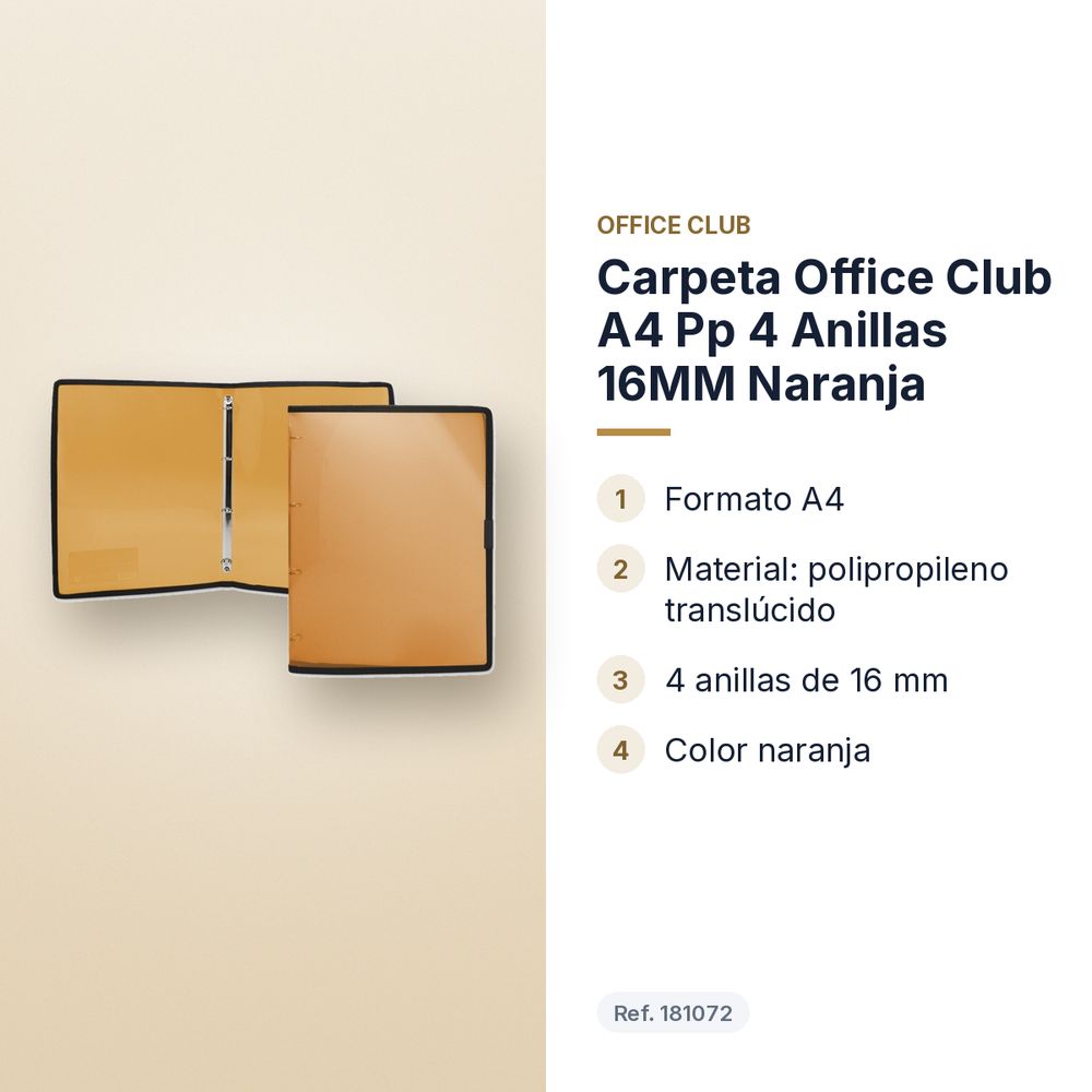 CARPETA OFFICE CLUB A4 PP 4 ANILLAS 16MM NARANJA - características principales