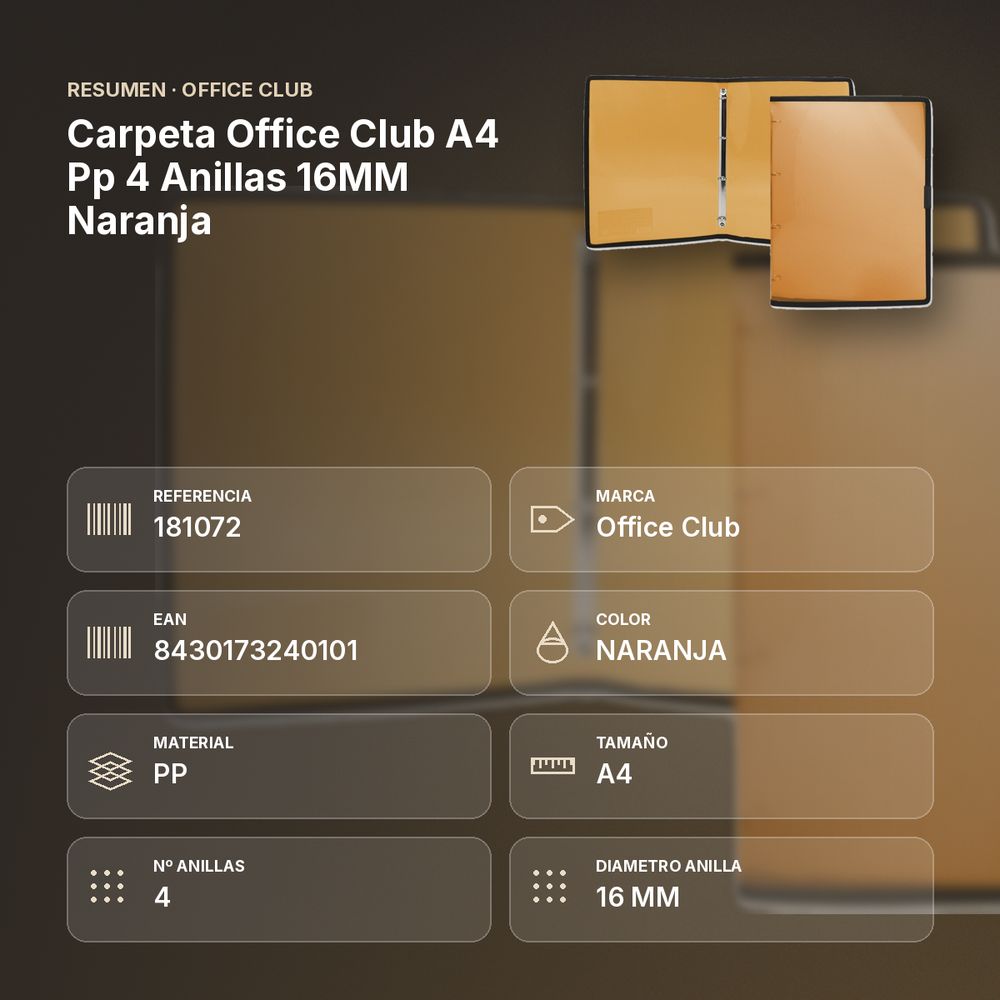 CARPETA OFFICE CLUB A4 PP 4 ANILLAS 16MM NARANJA - resumen de atributos